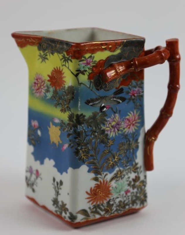 JAPANESE ANTIQUE NIPPON BAMBOO HANDLED PITCHER: 8" X 7"; JAPANESE ANTIQUE NIPPON BAMBOO HANDLED PITCHER