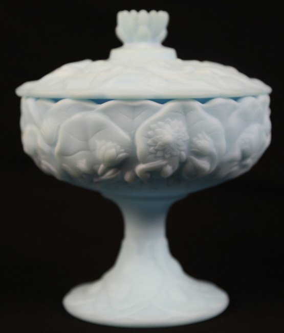 FENTON SATIN GLASS COVERED COMPOTE: FENTON SATIN GLASS COVERED COMPOTE 8"X6.5"