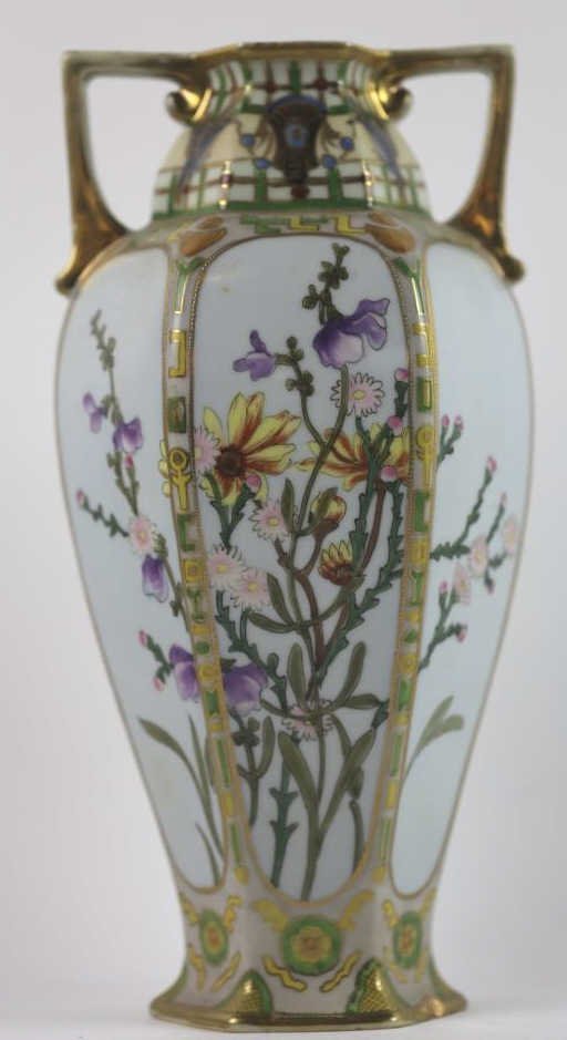 JAPANESE NIPPON ANTIQUE HAND PAINTED/ JEWELED VASE: JAPANESE NIPPON ANTIQUE HAND PAINTED/ JEWELED VASE
