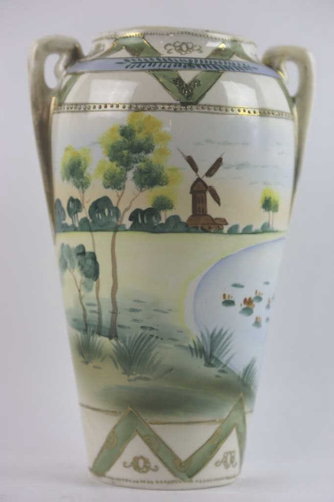 NIPPON HAND PAINTED DOUBLE HANDLE URN: 13" X 8" APPROX. MEASUREMENTS; NIPPON HAND PAINTED DOUBLE HANDLE URN