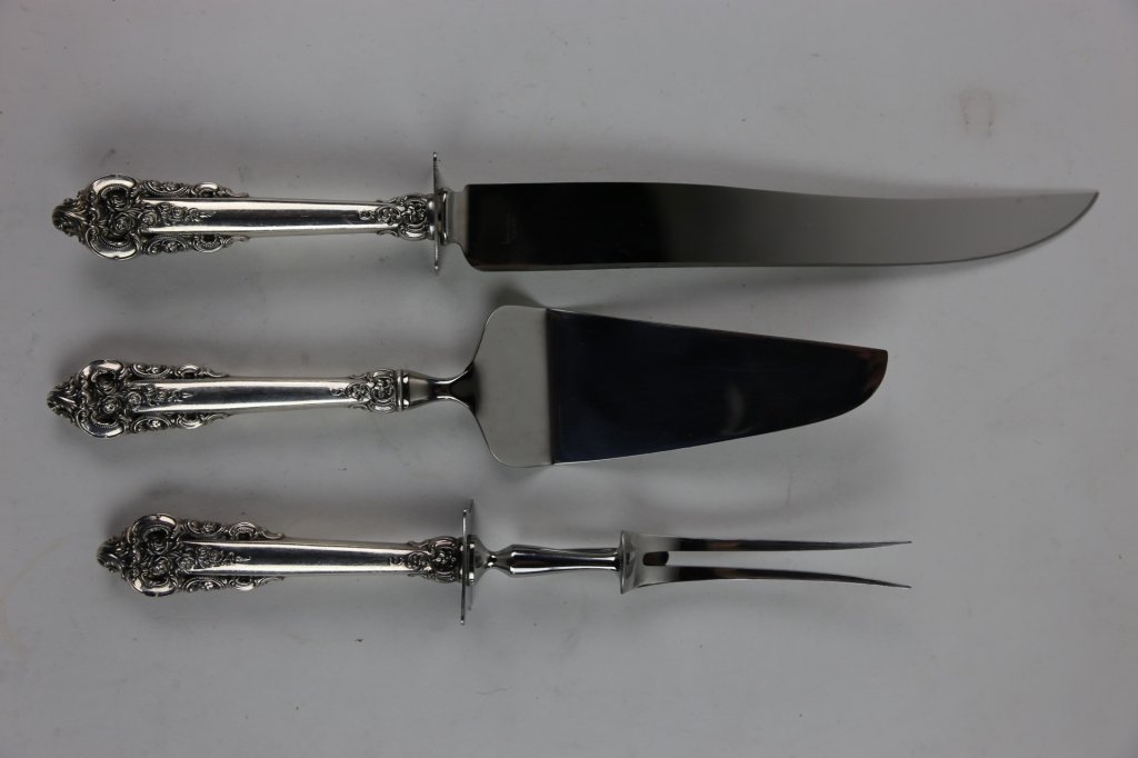 GRAND BAROQUE STERLING SERVING PIECES: STERLING MARKED UTENSIL; THREE UTENSILS; 15" LENGTH KNIFE