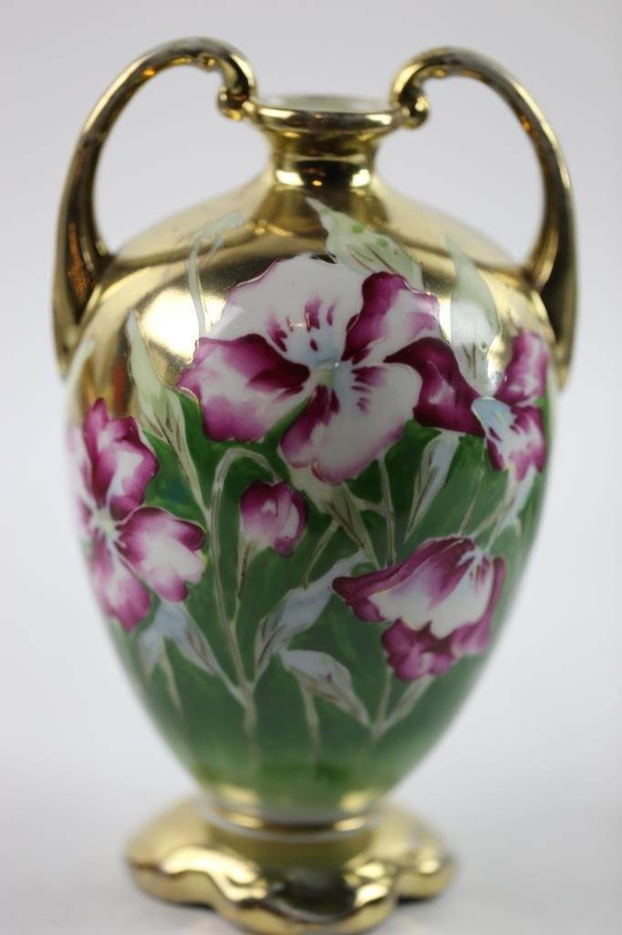 JAPANESE NIPPON FLORAL DOUBLE HANDLER VASE: 8" X 6"; JAPANESE NIPPON FLORAL DOUBLE HANDLE VASE