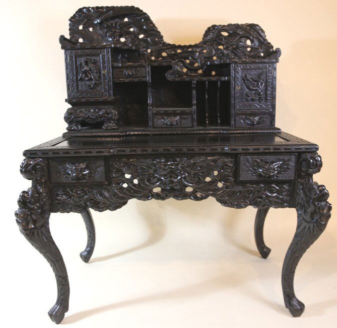 CHINESE ANTIQUE HAND CARVED DESK: CHINESE ANTIQUE HAND CARVED DESK 56X46X28