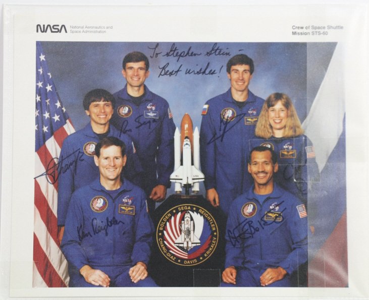 SHUTTLE DISCOVERY SIGNED PHOTOGRAPH: STS-60 crew (L-R) Ken Reightler, Franklin Chang-Diaz, Ronald Sega, Sergei Krikalev of Russia, Jan Davis & Charlie Bolden at Johnson Space Ctr.