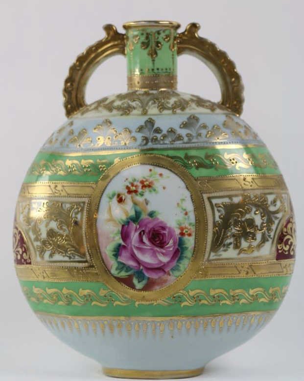 JAPANESE NIPPON PILLOW VASE WITH ROSES AND GOLD: Japanese Nippon Pillow Vase with Panel of Roses and Gold Trim: Measures 9 1/4" high with no mark. Good condition.