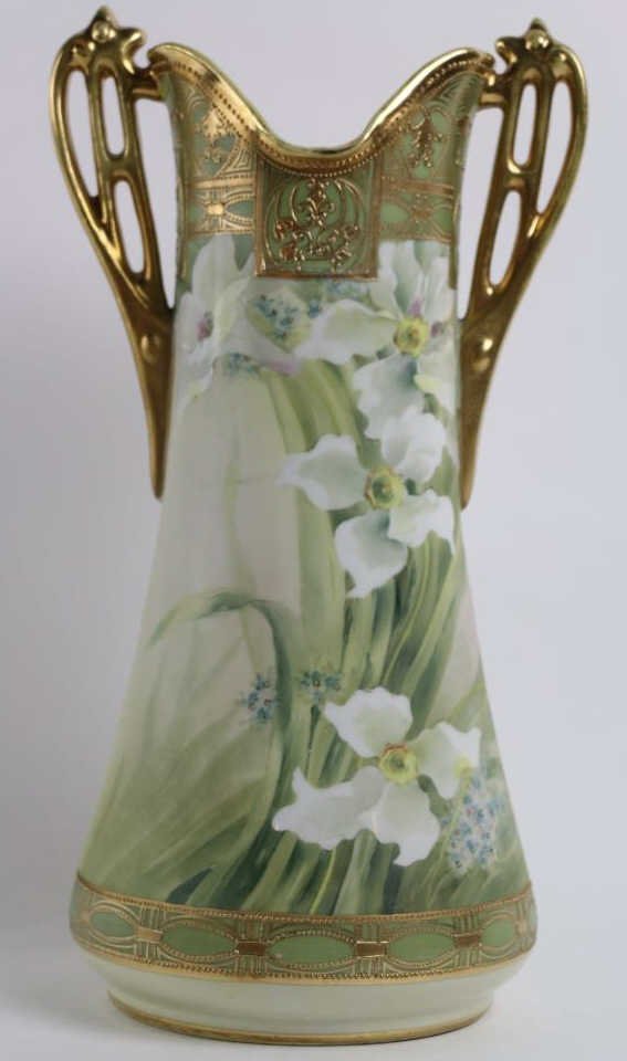 NIPPON TALL ORNATE HANDLED VASE WITH WHITE FLOWERS (1 of 7)