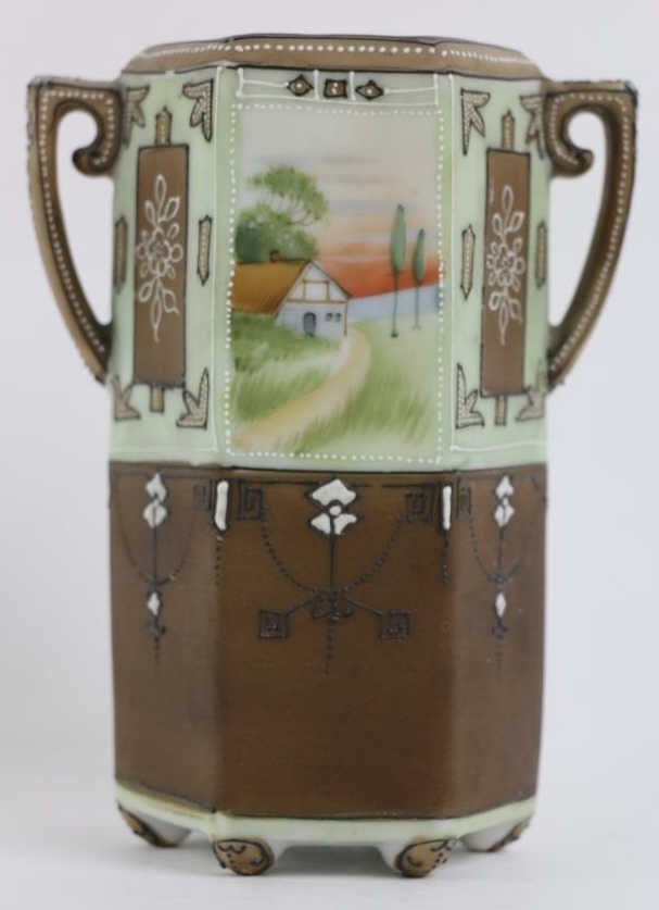 JAPANESE NIPPON  HOUSE SCENE FOOTED VASE W/BEADING (1 of 5)