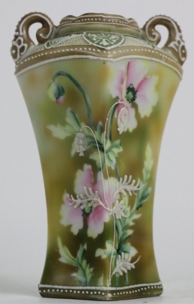 NIPPON BEADED MUSCLE HANDLE VASE W/ PINK FLORAL: Nippon Muscle Handle Vase; Green with Pink Flowers; Beading; Green M in Wreath mark; 5 1/2" high