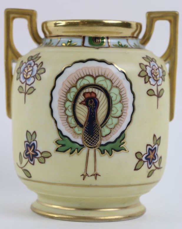 JAPANESE NIPPON PEACOCK VASE: Japanese Nippon Peacock Vase with Green M in Wreath mark; approx. 5 1/2"