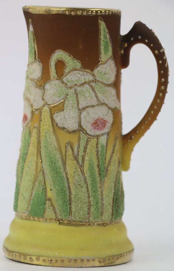 NIPPON CORALENE DAFFODIL DECORATED PITCHER: Small -2 color Daffodil decorated Coralene pitcher; Patent Applied For mark; 4 1/2"