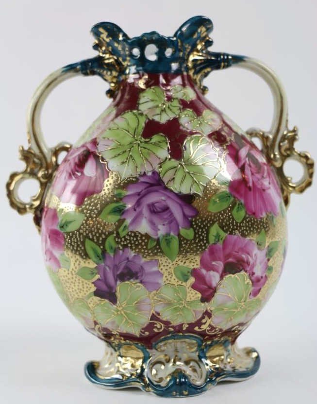 NIPPON RARE VASE WITH TWIN HANDLES, FLORAL & GOLD: Nippon Vase has unique handles opening and base with gold detail which accents the flowers beautifully; 8 1/2" x 7 1/2"; no mark