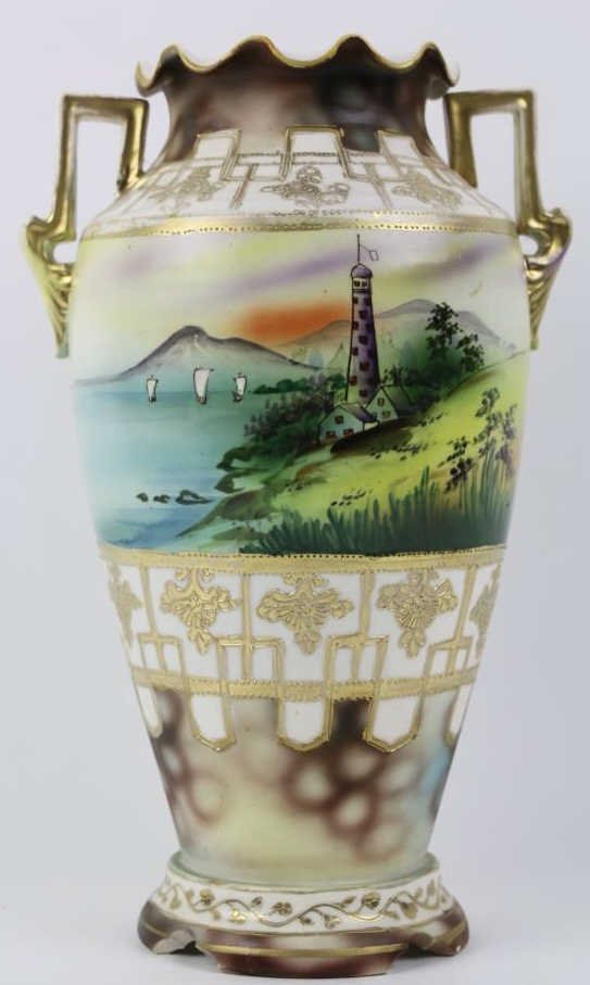 NIPPON VILLAGE TOWER W/ SAILBOAT SCENE: Nippon Village Tower with Sailboat Scene; Green Crown Mark #10; Ruffled opening; Twin Gold Handles