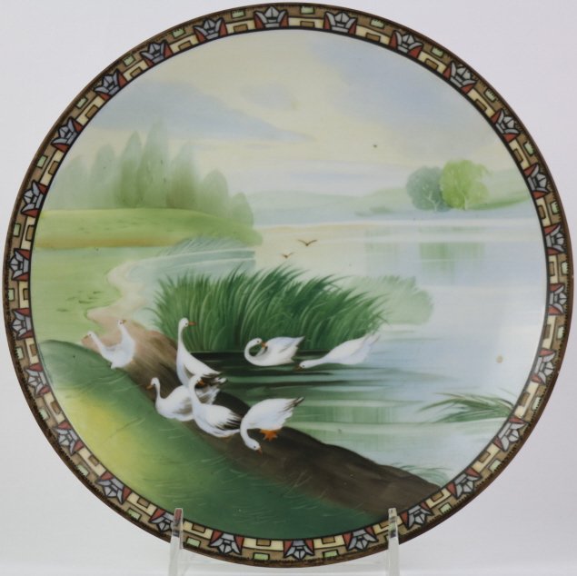 NIPPON SWAN SCENE MORIAGE TRIM PLAQUE: Nippon Swan Scene Moriage Trim Plaque; 10" plaque has 1/2" Moriage trim with scene of 7 swans on lake; M in Wreath mark