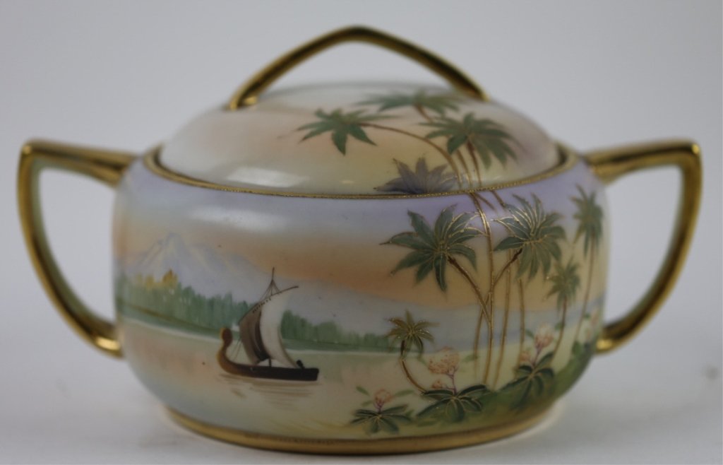 NIPPON HAND PAINTED TWIN HANDLED LIDDED BOWL (1 of 7)