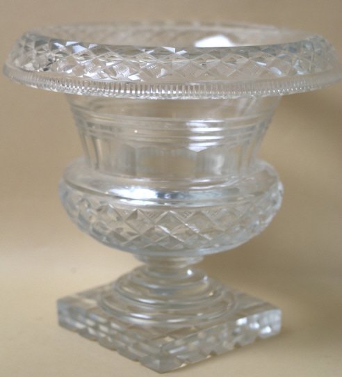 ANTIQUE BRILLIANT CUT GLASS VASE: CUT GLASS VASE; 6 1/4" tall with approx. 7" diameter at top. Square base is approx. 3.25" sides.