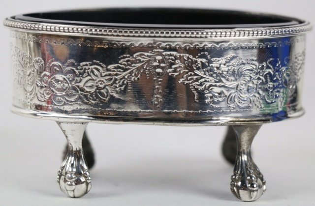STERLING SILVER ENGLISH COBALT LINED MASTER SALT: ANTIQUE STERLING SILVER ENGLISH COBALT LINED MASTER SALT / POSSIBLY GEORGIAN