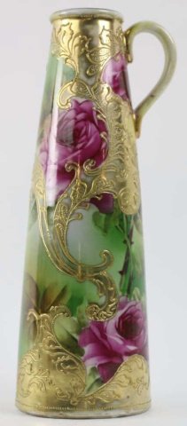 JAPANESE NIPPON PITCHER WITH ROSES AND GOLD TRIM: Japanese Nippon Pitcher with Roses and Gold Trim: Vase measures 11" with some gold loss on handles and top rim. No mark. Good condition.