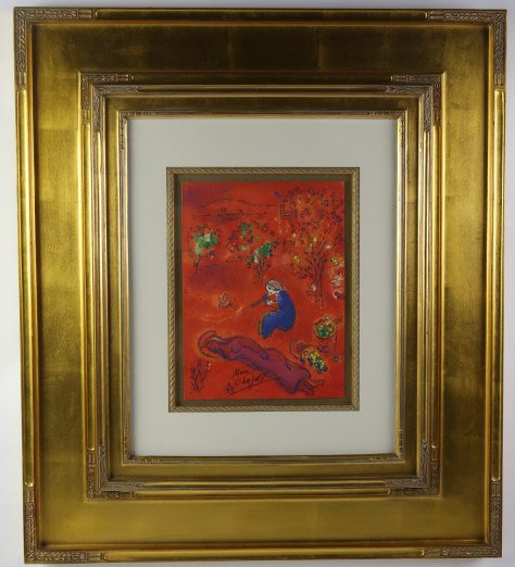 MARC CHAGALL LITHOGRAPH: MARC CHAGALL LITHOGRAPH; PART OF A SERIES OF FOUR ILLUSTRATING THE STORY OF DAPHNIS AND CHLOE IN LARGE, GOLD LEAF FRAME F: 32X28 S: 12.5X9.5