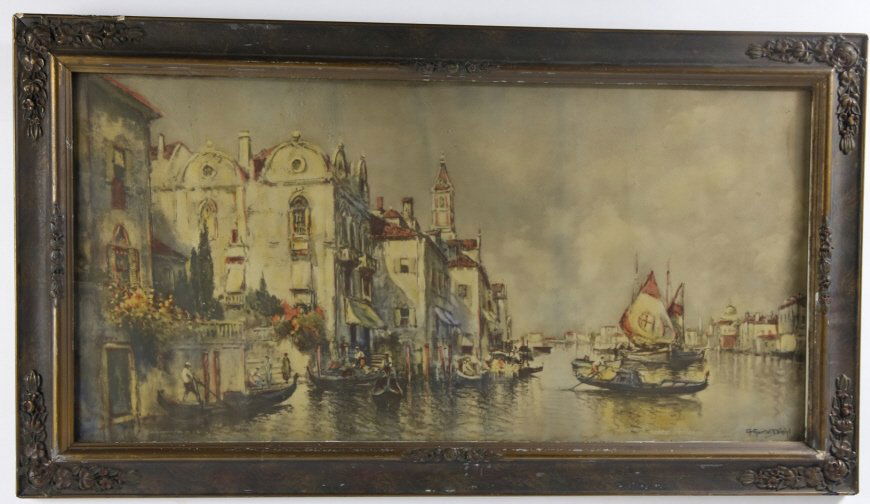 ARTHUR V. DIEHL (AMERICAN, 1870-1929) VENETIAN: Arthur Vidal Diehl (American, 1870-1929); WATERCOLOR OF VENETIAN CANAL; 18" x 32"; TOURIST PRINT Arthur Diehl was born in England and exhibited at the Royal Academy in 1899. Hecame to America in the 1