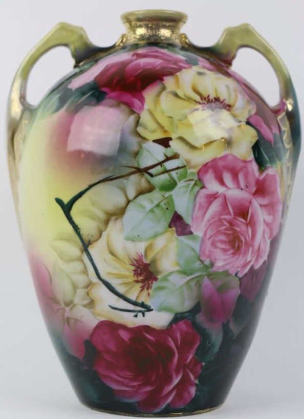 NIPPON BULBOUS VASE WITH ROSES AND SPIDER WEB: Nippon Bulbous Vase with Plush Roses and Spider Web; 10" high; Green Maple Leaf mark; Good condition