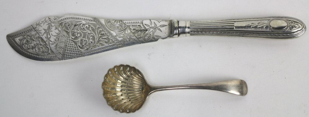 ENGLISH ANTIQUE SILVER SERVING PIECES: ENGLISH HALLMARKED ANTIQUE SILVER SERVING PIECES. HARRISON BROTHERS & HOWSON FISH KNIFE , WALKER & HALL SERVING SPOON