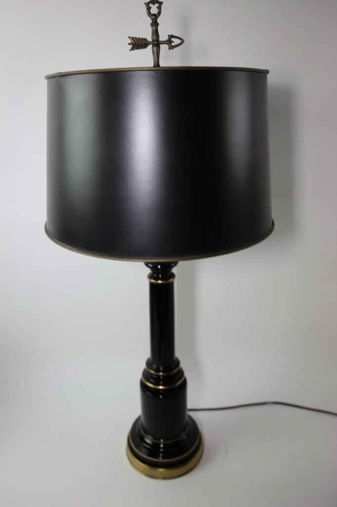 VINTAGE BLACK TOLE LAMP W/ CUSTOM SHADE: VINTAGE BLACK TOLE LAMP W/ CUSTOM SHADE