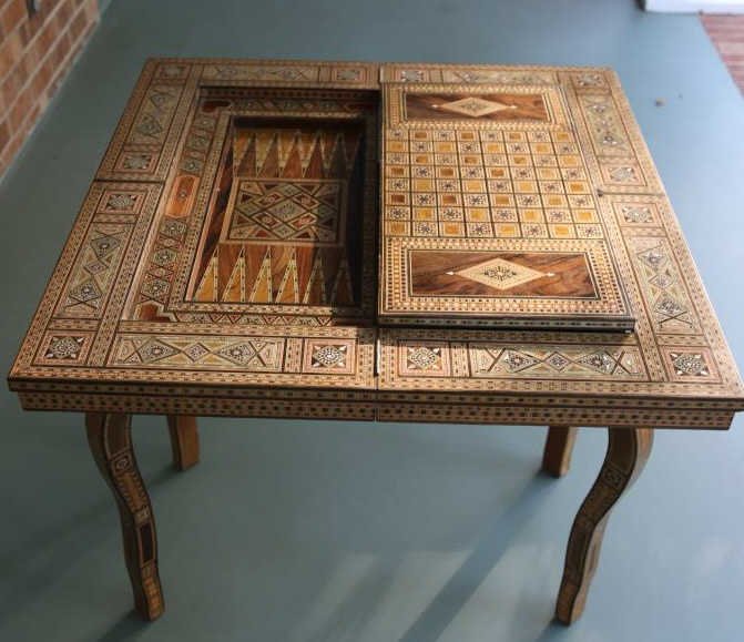 FINE ANTIQUE INLIAD MOROCCAN TRIPLE GAME TABLE: FINE ANTIQUE INLIAD MOROCCAN TRIPLE GAME TABLE