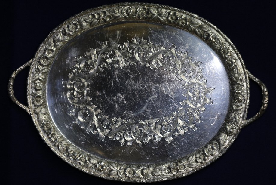 S. KIRK & SON LARGE STERLING REPOUSSE HANDLED TRAY: S. KIRK & SON LARGE HAND CHASED STERLING SILVER REPOUSSE HANDLED DEMITASSE TRAY 15"