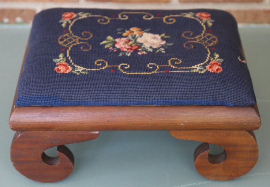 ANTIQUE MAHOGANY NEEDLEPOINT FOOT STOOL: ANTIQUE MAHOGANY NEEDLEPOINT FOOT STOOL 8 X 15 X 12"