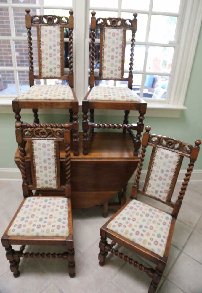 ENGLISH ANTIQUE OAK BARLEY TWIST CARVED CHAIR SET: ENGLISH ANTIQUE OAK BARLEY TWIST CARVED CHAIR SET
