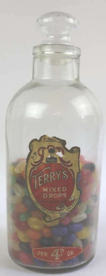 TERRY'S MIXED DROPS VINTAGE GLASS BOTTLE: TERRY'S MIXED DROPS VINTAGE GLASS BOTTLE 13 X 6"