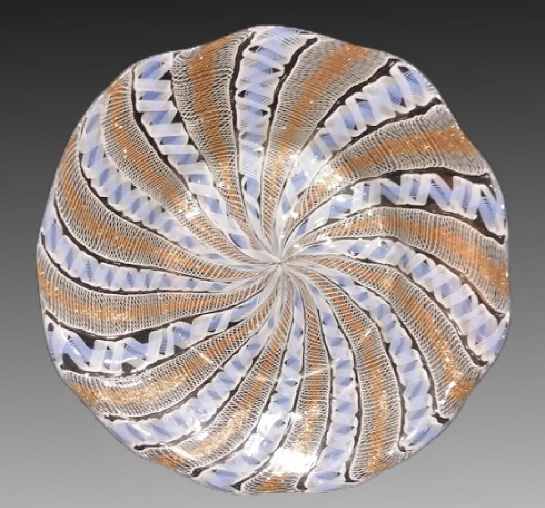 ITALIAN ANTIQUE LATTICINO GLASS: Antique Italian latticino glass dish with linear design in blue and white with gold dust. 7"