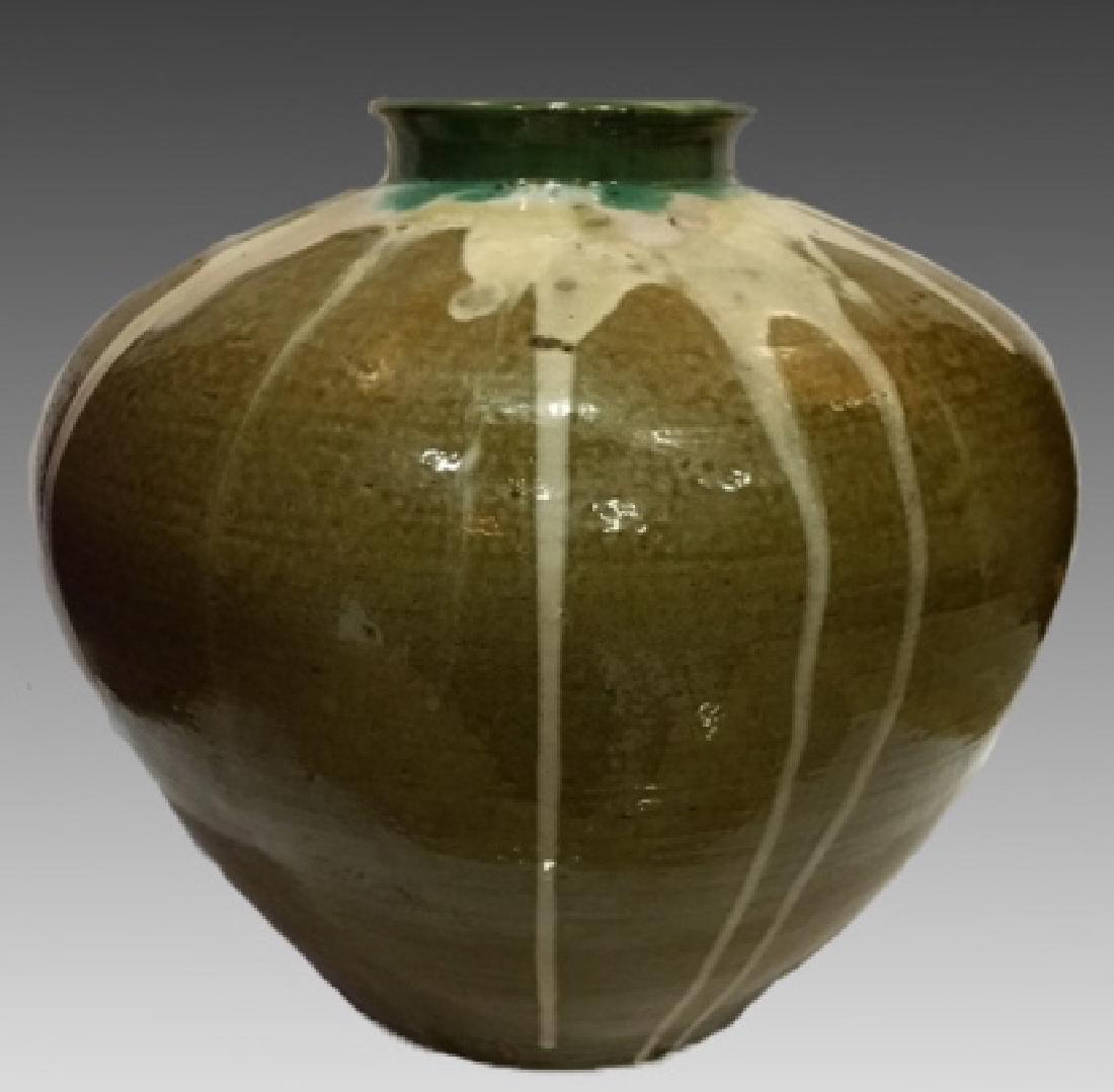 JAPANESE POTTERY: Large Mid-century Japanese earthenware studio art pottery vase. 11.5" x 11.5", signed on bottom.