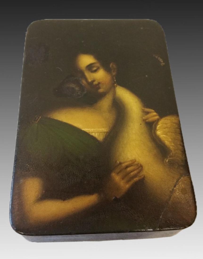 HAND PAINTED SNUFF BOX: Early hand painted snuff box with image of leda and the swan on the cover. Signed on inside of the lid. 2.5" x 3.5"