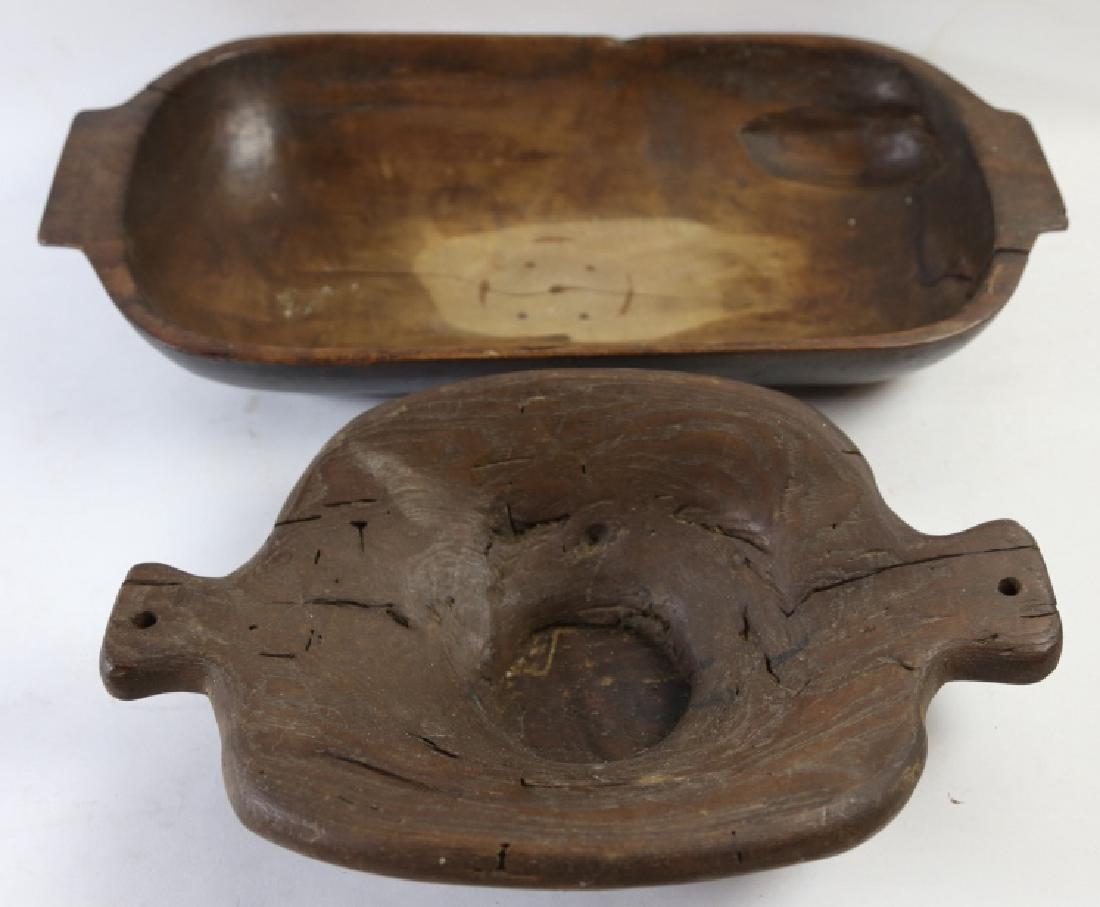 ANTIQUE PRIMITIVE BOWL GROUPING: ANTIQUE PRIMITIVE HAND HEWN BOWL GROUPING DOUGH BOWL TWIN HANDLED BOWL