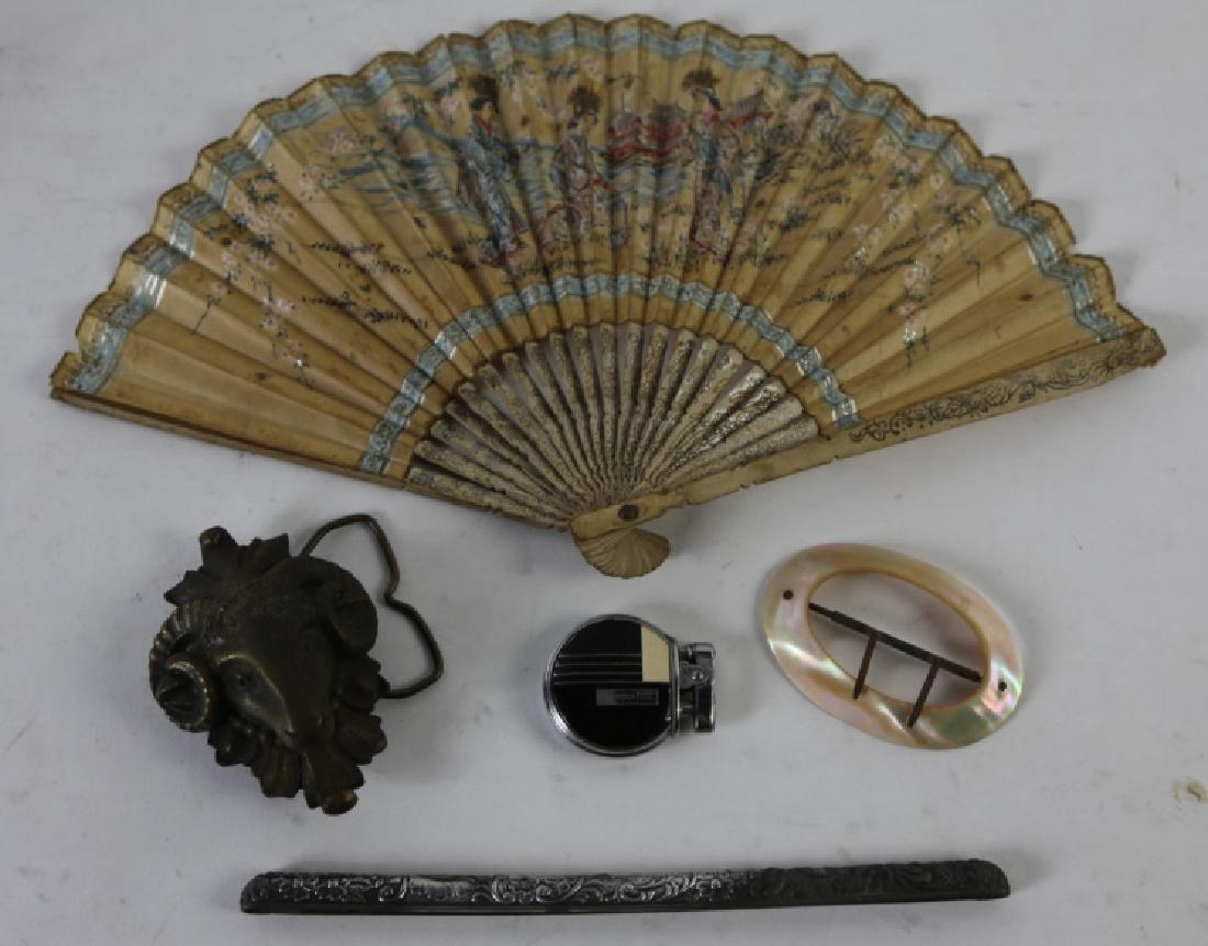 VINTAGE MISCELLANEOUS BUCKLE AND FAN LOT: VINTAGE MISCELLANEOUS BUCKLES AND FAN LOT; MOTHER OF PEARL BUCKLE; BRONZE BUCKLE; FAN; VINTAGE DECO LIGHTER; STERLING COMB TOP