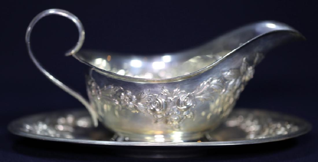 S. KIRK & SONS REPOUSE STERLING LARGE GRAVY SET: S. KIRK & SONS REPOUSE STERLING SILVER LARGE GRAVY SERVER & UNDERLATE SET