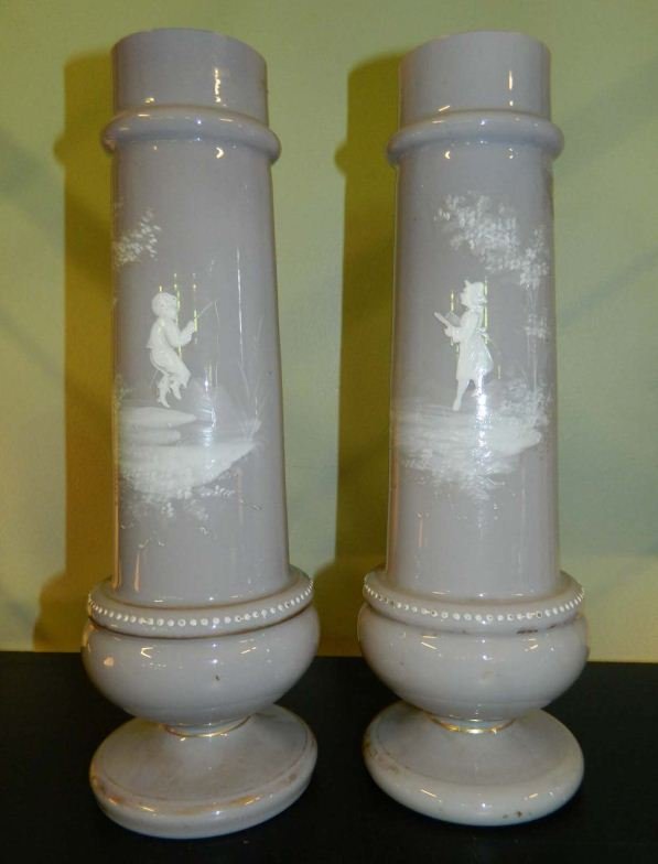 Pair Mary Gregory style Victorian glass vases: Pair Mary Gregory style Victorian glass vases 31cm H