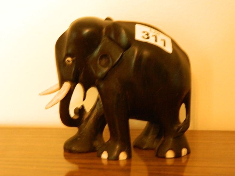 Large ebony and ivory elephant (India) c. 1920: Large ebony and ivory elephant (India) c. 1920