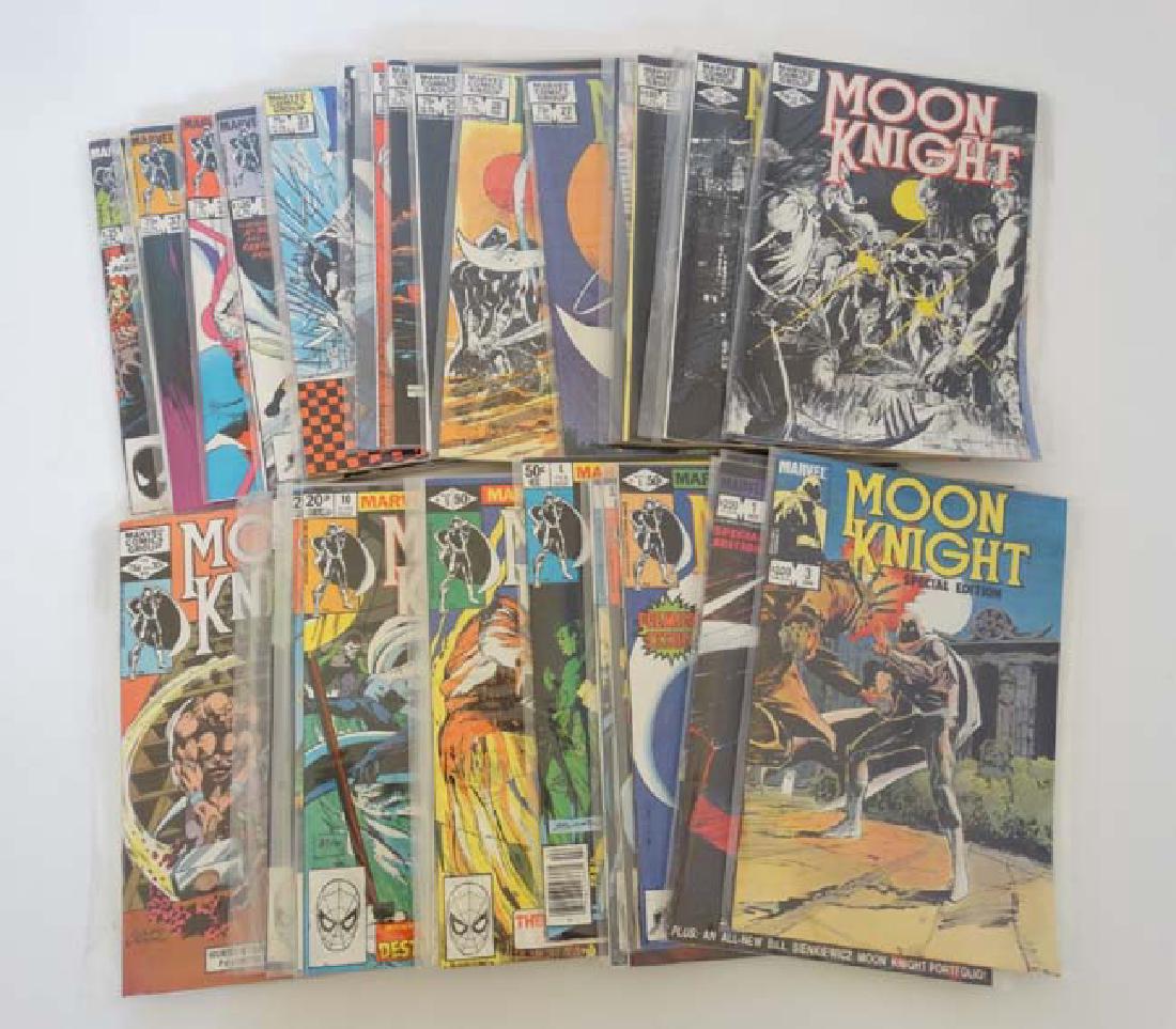 Comic Books: A collection of approximately 43 Marvel: Comic Books: A collection of approximately 43 Marvel Comics Group '' Moon Knight '' issue numbers 1, 2, 3, 4, 5, 6, 7, 8 , 9, 10, 11, 12, 13, 14, 15, 16, 17, 18, 19, 20, 21, 22, 23, 24, 25, 26, 27, 28
