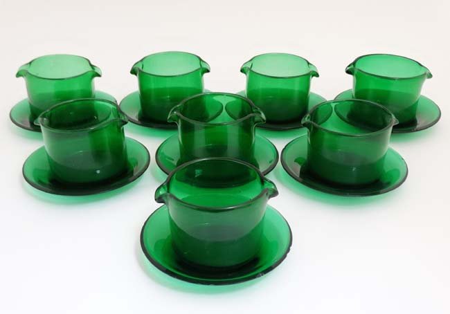 A set of 8 19thC green glass rinsers with double spouts (1 of 6)