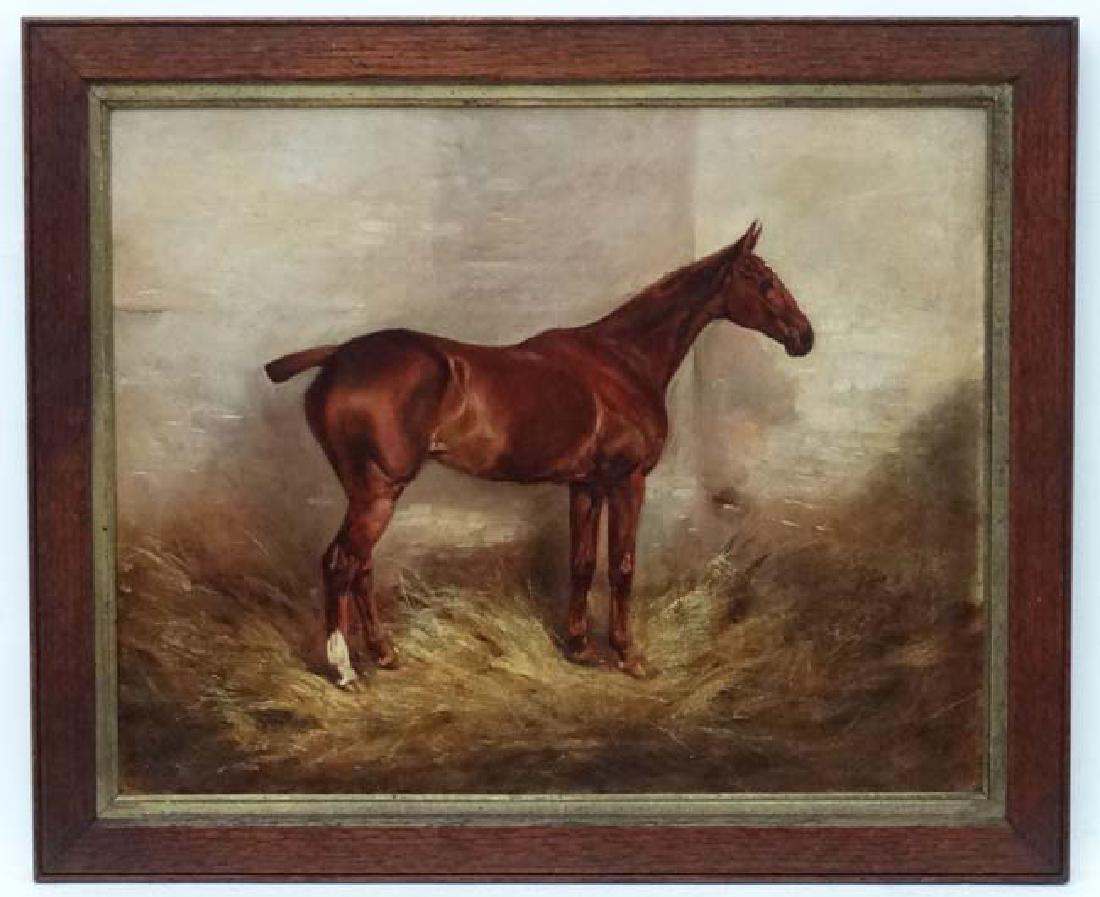 E Tudor XIX-XX Equine School Oil on canvas Portrait of: E Tudor XIX-XX Equine School Oil on canvas Portrait of a chestnut horse with a blaze in a stable Signed and Indistinctly dated lower right 16 x 20''