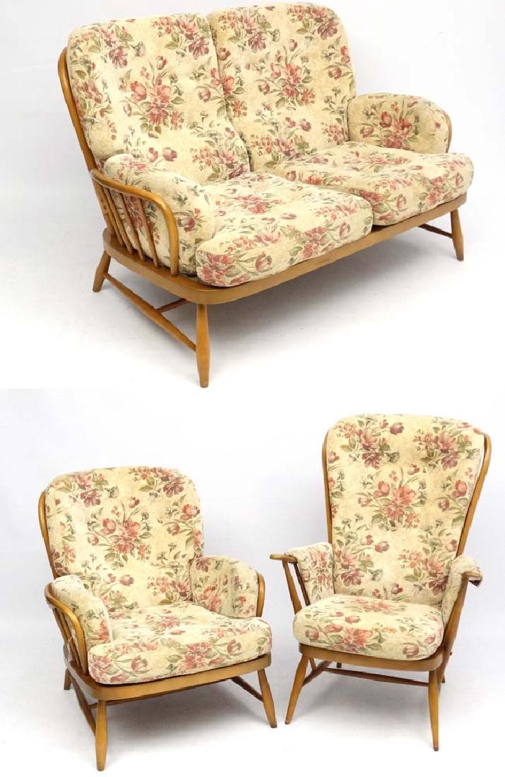 Vintage Retro : a British made suite by Ercol suit ( 2: Vintage Retro : a British made suite by Ercol suit ( 2 seater Sofa+ 2 chairs , his and hers ) , Ercol Gold , (3) , the tallest 43'' high.