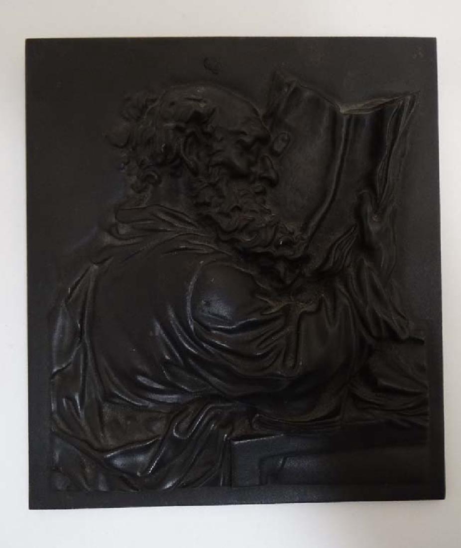 A 19thC cast iron relief plaque depicting a scholar and (1 of 4)