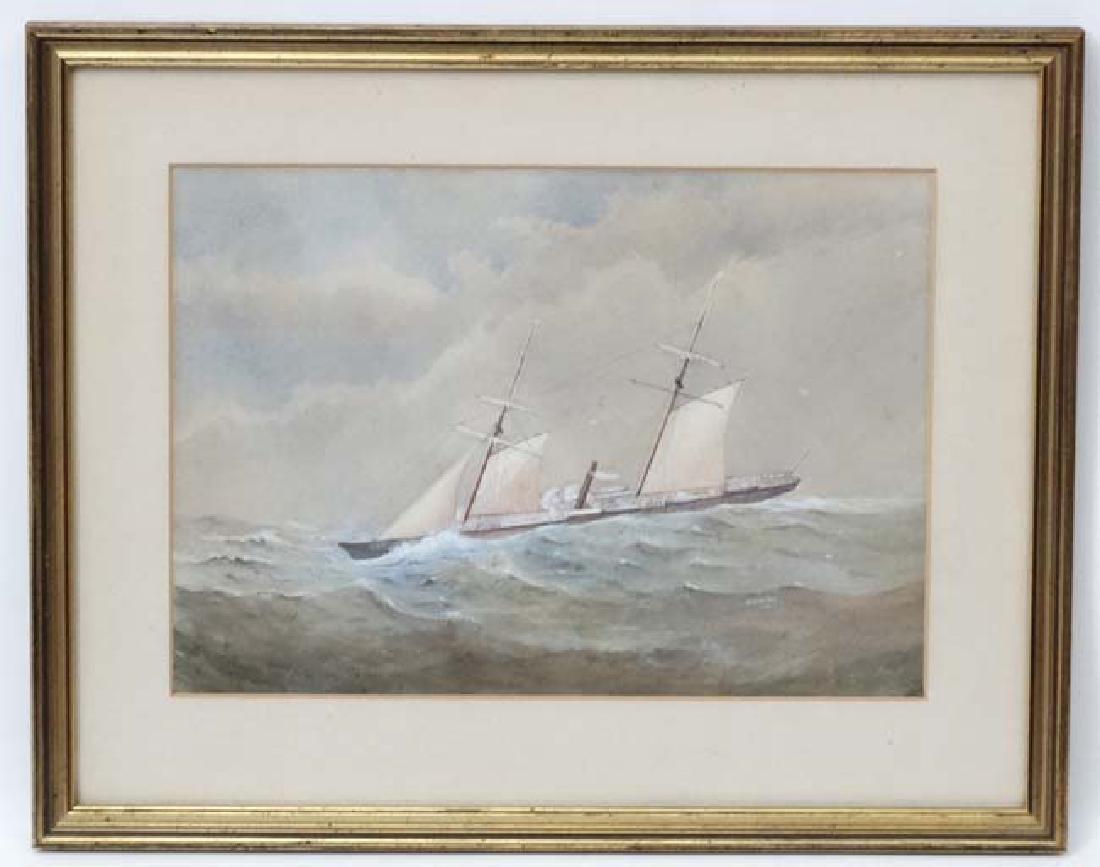 W Fleming 1874 Marine School, Watercolour and gouache,: W Fleming 1874 Marine School, Watercolour and gouache, Steam Sail ship portrait, Signed and dated lower right , partial writing visible lower right corner ( probably ship name ), Ascribed verso. Apert