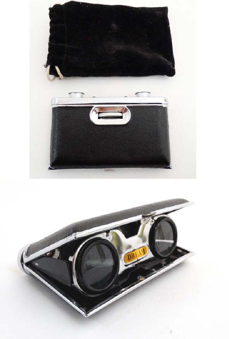 A pair of 1930's 'Dream' theatre / opera glasses of: A pair of 1930's 'Dream' theatre / opera glasses of purse form within a back drawstring bag. 4 1/4'' wide