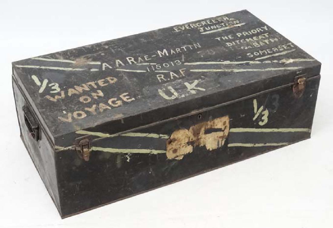 Militaria : 115013 A A Rae - Martin , RAFVR Technical: Militaria : 115013 A A Rae - Martin , RAFVR Technical Branch : A military kit Trunk , of steel construction with zinc lining . The outer painted with the owner's details . 33'' long , 12'' tall , 18''