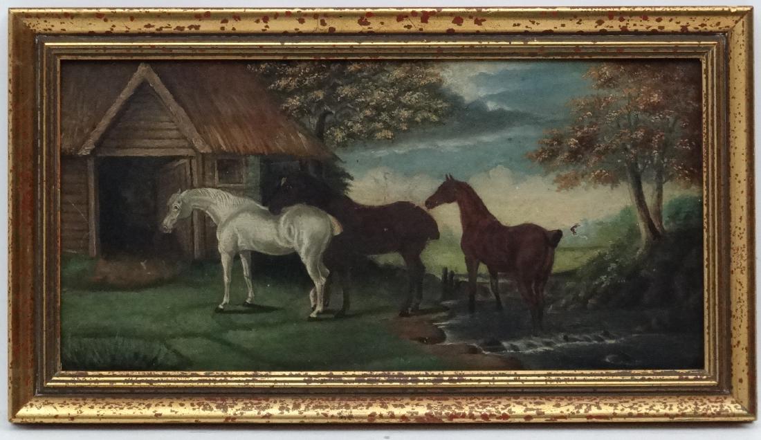 Early XIX Equine School, Oil on panel probably: Early XIX Equine School, Oil on panel probably mahogany, Sporting horses in a stream near a barn . A Grey , Bay and Chestnut Hunters with docked tails, 7 1/4 x 14 3/4''. Bears ' Sebastian d'Orsai Ltd