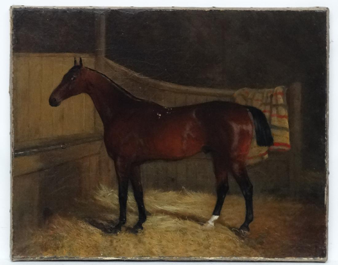 John Duvall , Ipswich (1816-1892) Oil on canvas ,: John Duvall , Ipswich (1816-1892) Oil on canvas , Equine School. ' Jupiter ' portrait of a bay hunter horse in a stall, Marked verso ' J. Duvall , Ipswich ' & named. 15 3/4 x 19 3/4''