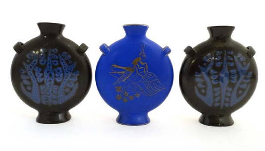 Scandinavian Pottery: A pair of c1930 Gefle moon vases: Scandinavian Pottery: A pair of c1930 Gefle moon vases by Lillemor Mannerheim in 'Singoalla' pattern together with a blue example decorated with a cricket , the blue vase bears factory stamp to base.